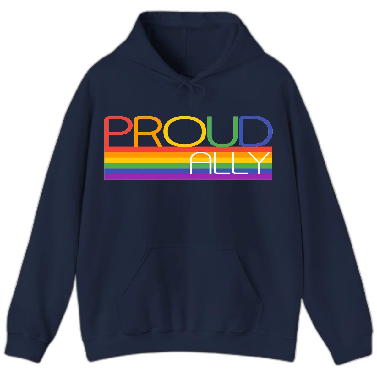 Proud Ally rainbow pride design with multicolored letters and horizontal pride flag stripes in red, orange, yellow, green, blue, and purple in Navy