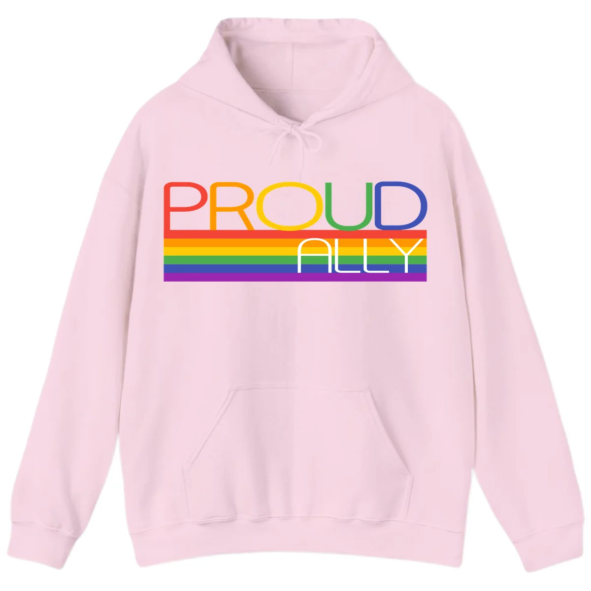 Proud Ally rainbow pride design with multicolored letters and horizontal pride flag stripes in red, orange, yellow, green, blue, and purple in Light Pink