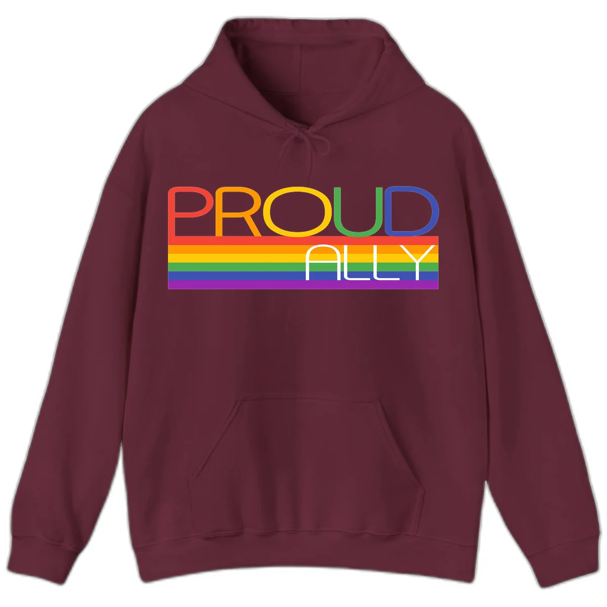Proud Ally rainbow pride design with multicolored letters and horizontal pride flag stripes in red, orange, yellow, green, blue, and purple in Maroon