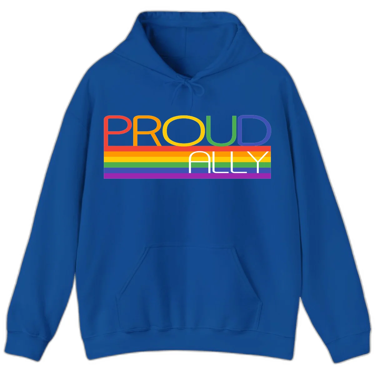 Proud Ally rainbow pride design with multicolored letters and horizontal pride flag stripes in red, orange, yellow, green, blue, and purple in Royal