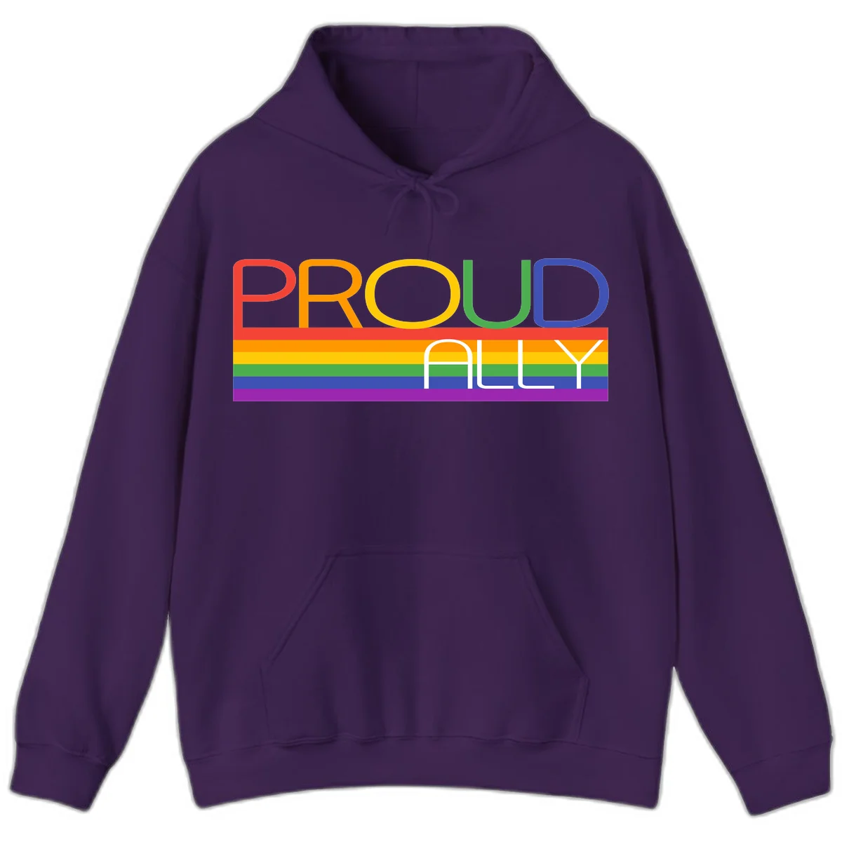 Proud Ally rainbow pride design with multicolored letters and horizontal pride flag stripes in red, orange, yellow, green, blue, and purple in Purple