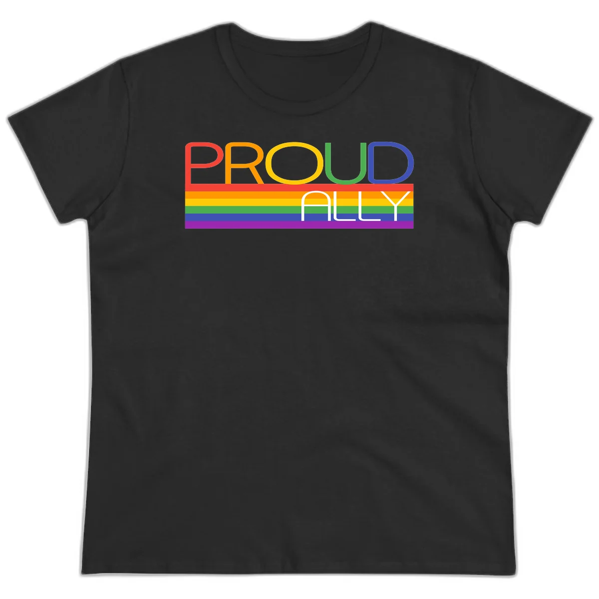 Proud Ally rainbow pride design with multicolored letters and horizontal pride flag stripes in red, orange, yellow, green, blue, and purple in Black
