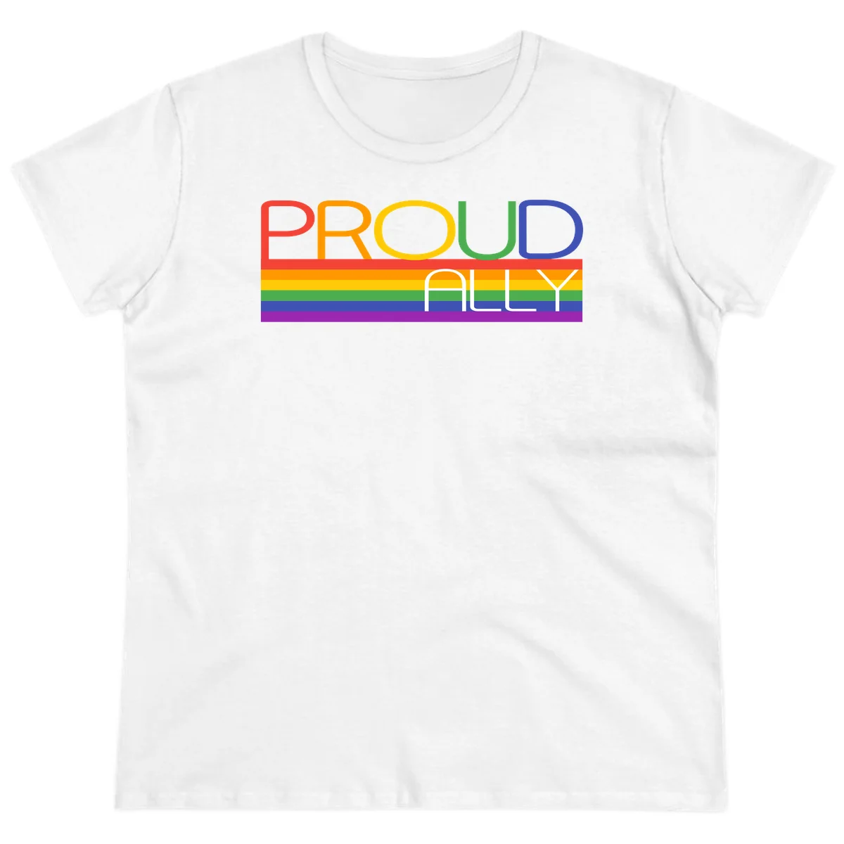 Proud Ally rainbow pride design with multicolored letters and horizontal pride flag stripes in red, orange, yellow, green, blue, and purple in White
