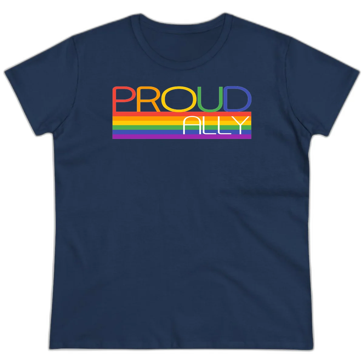 Proud Ally rainbow pride design with multicolored letters and horizontal pride flag stripes in red, orange, yellow, green, blue, and purple in Navy
