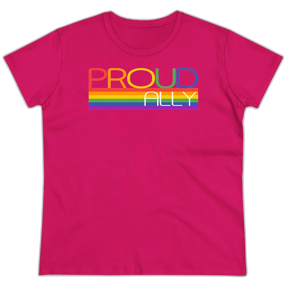 Proud Ally rainbow pride design with multicolored letters and horizontal pride flag stripes in red, orange, yellow, green, blue, and purple in Heliconia