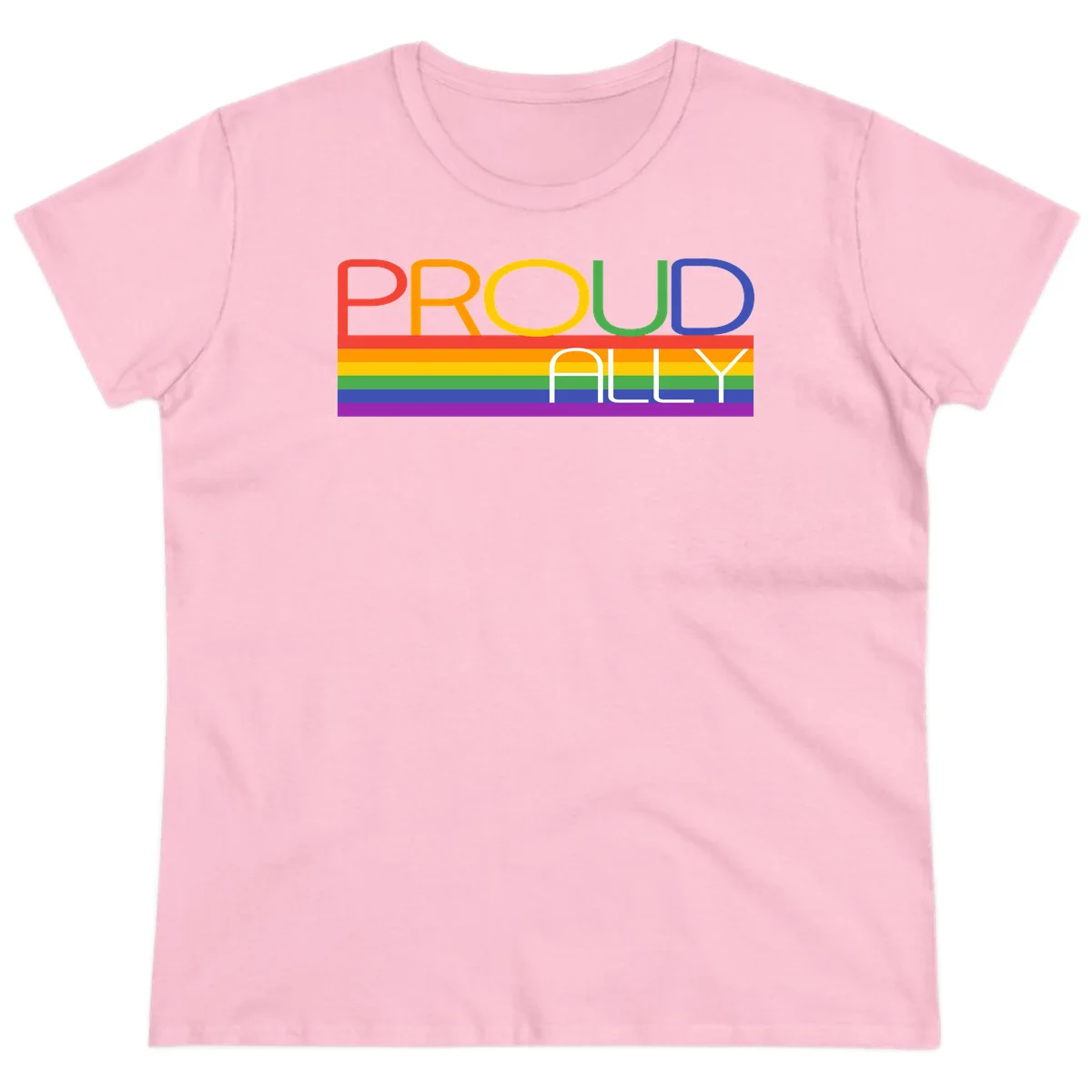 Proud Ally rainbow pride design with multicolored letters and horizontal pride flag stripes in red, orange, yellow, green, blue, and purple in Light Pink