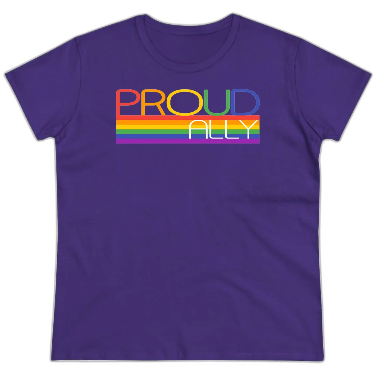 Proud Ally rainbow pride design with multicolored letters and horizontal pride flag stripes in red, orange, yellow, green, blue, and purple in Purple