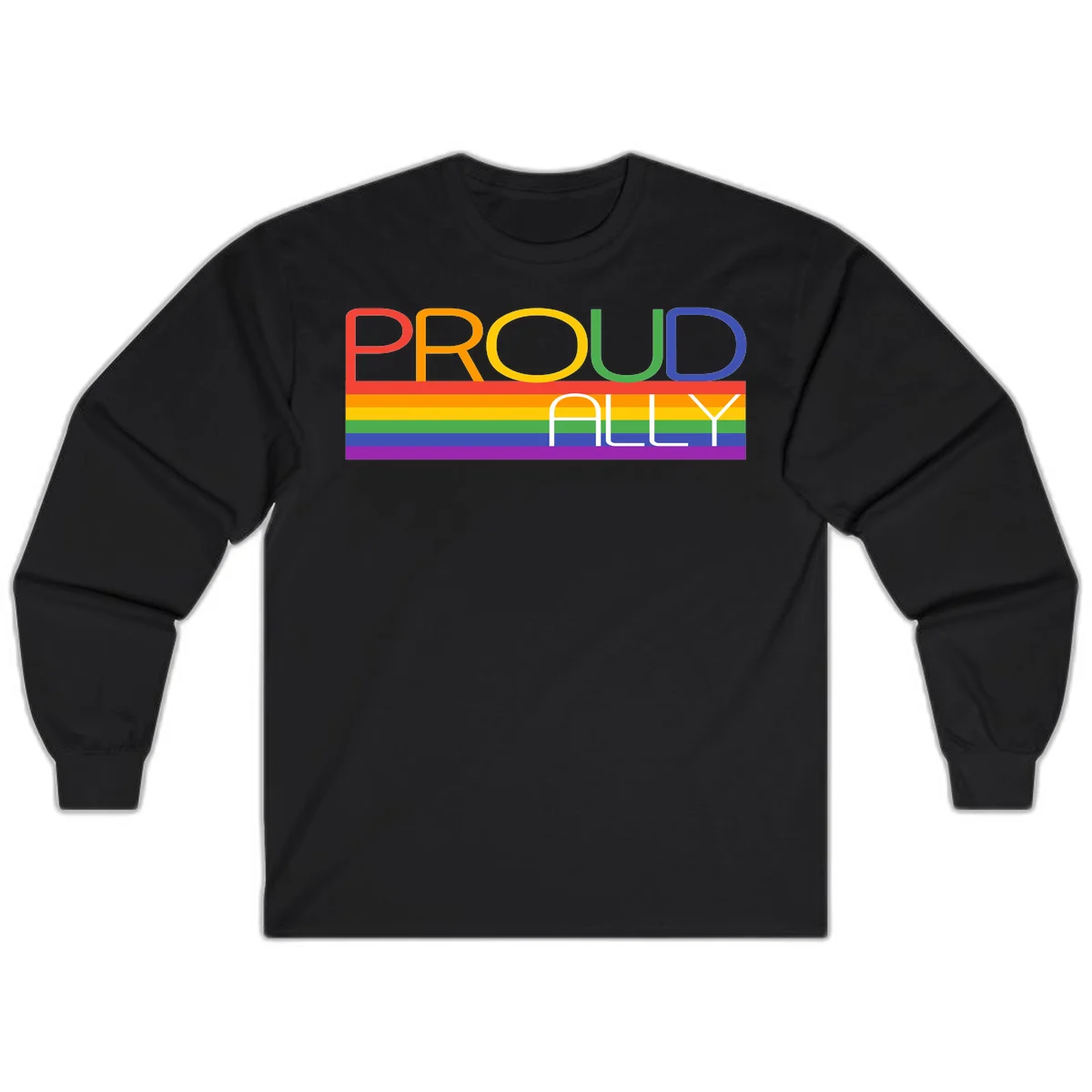 Proud Ally rainbow pride design with multicolored letters and horizontal pride flag stripes in red, orange, yellow, green, blue, and purple in Black