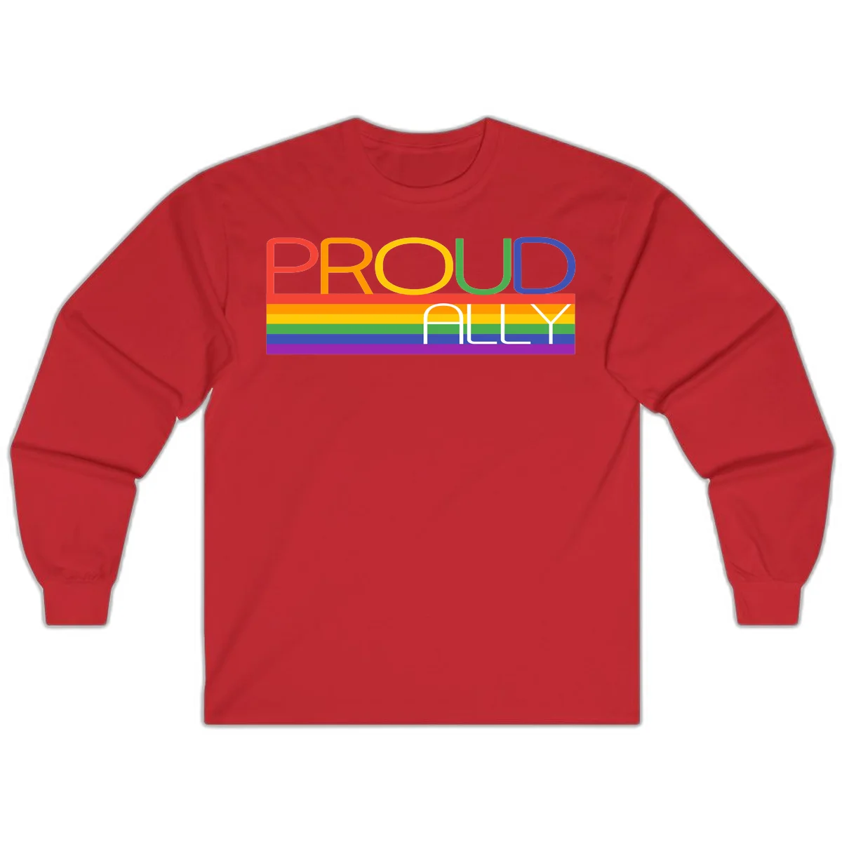 Proud Ally rainbow pride design with multicolored letters and horizontal pride flag stripes in red, orange, yellow, green, blue, and purple in Red