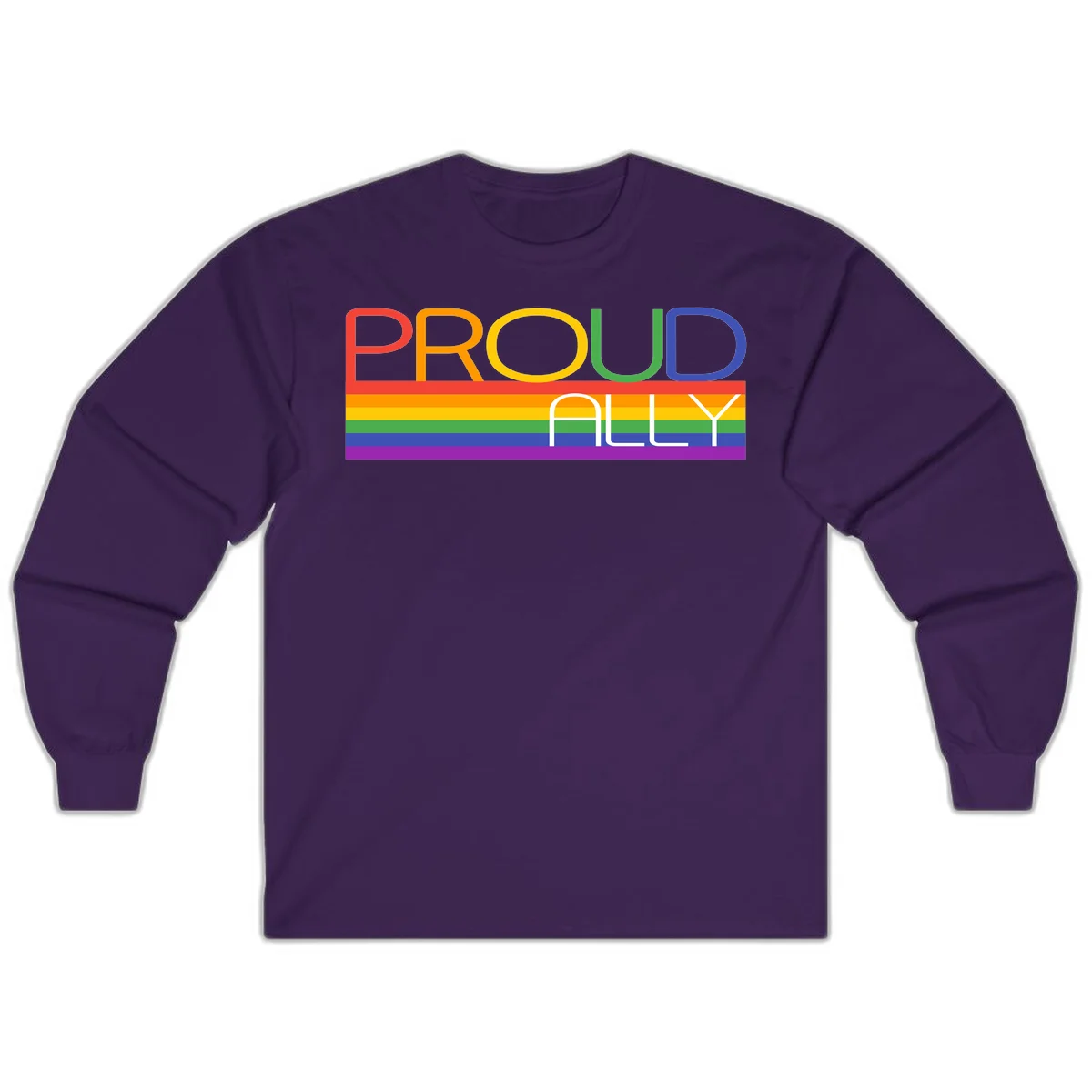 Proud Ally rainbow pride design with multicolored letters and horizontal pride flag stripes in red, orange, yellow, green, blue, and purple in Purple