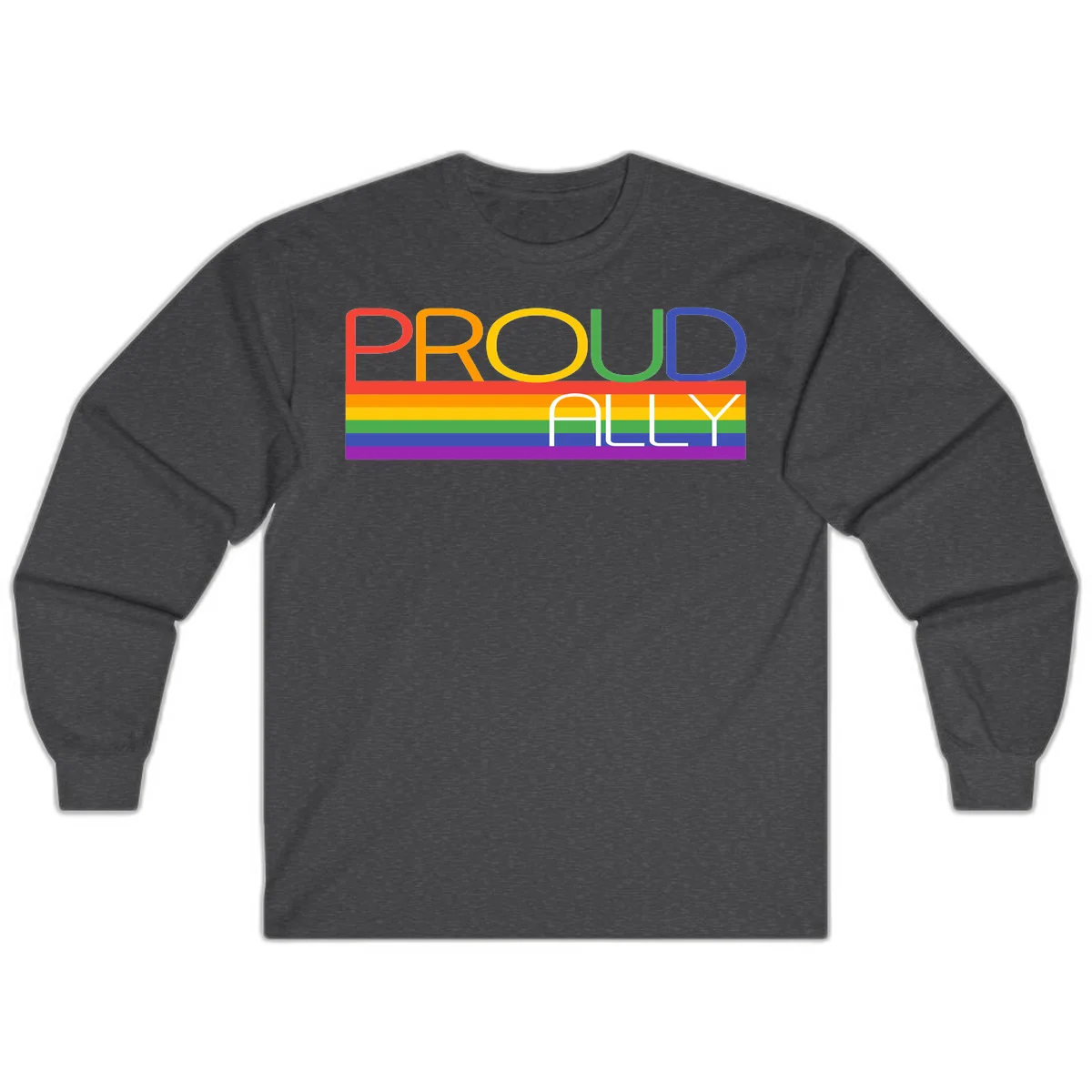 Proud Ally rainbow pride design with multicolored letters and horizontal pride flag stripes in red, orange, yellow, green, blue, and purple in Dark Heather