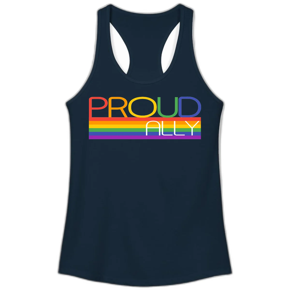Proud Ally rainbow pride design with multicolored letters and horizontal pride flag stripes in red, orange, yellow, green, blue, and purple in Solid Midnight Navy