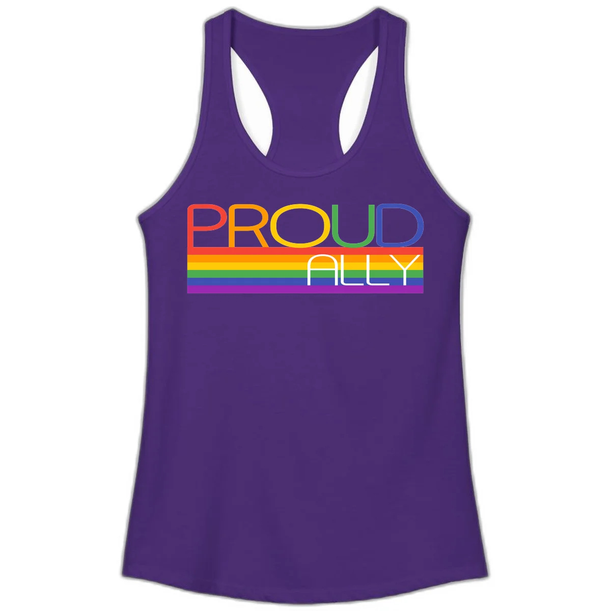 Proud Ally rainbow pride design with multicolored letters and horizontal pride flag stripes in red, orange, yellow, green, blue, and purple in Solid Purple Rush