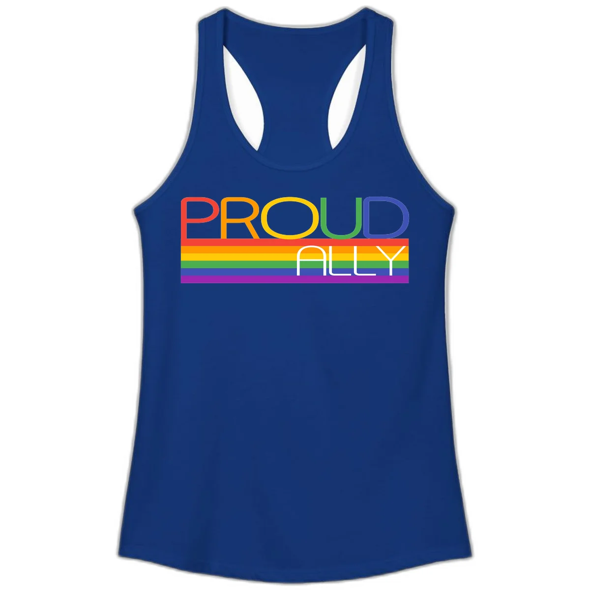 Proud Ally rainbow pride design with multicolored letters and horizontal pride flag stripes in red, orange, yellow, green, blue, and purple in Solid Royal