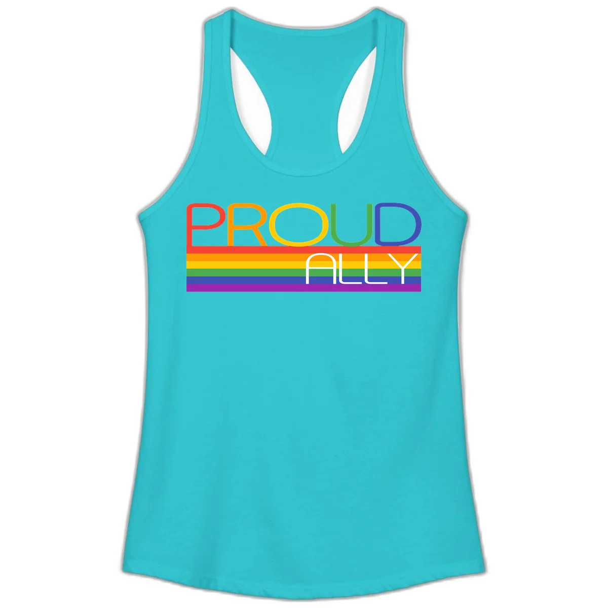 Proud Ally rainbow pride design with multicolored letters and horizontal pride flag stripes in red, orange, yellow, green, blue, and purple in Solid Tahiti Blue
