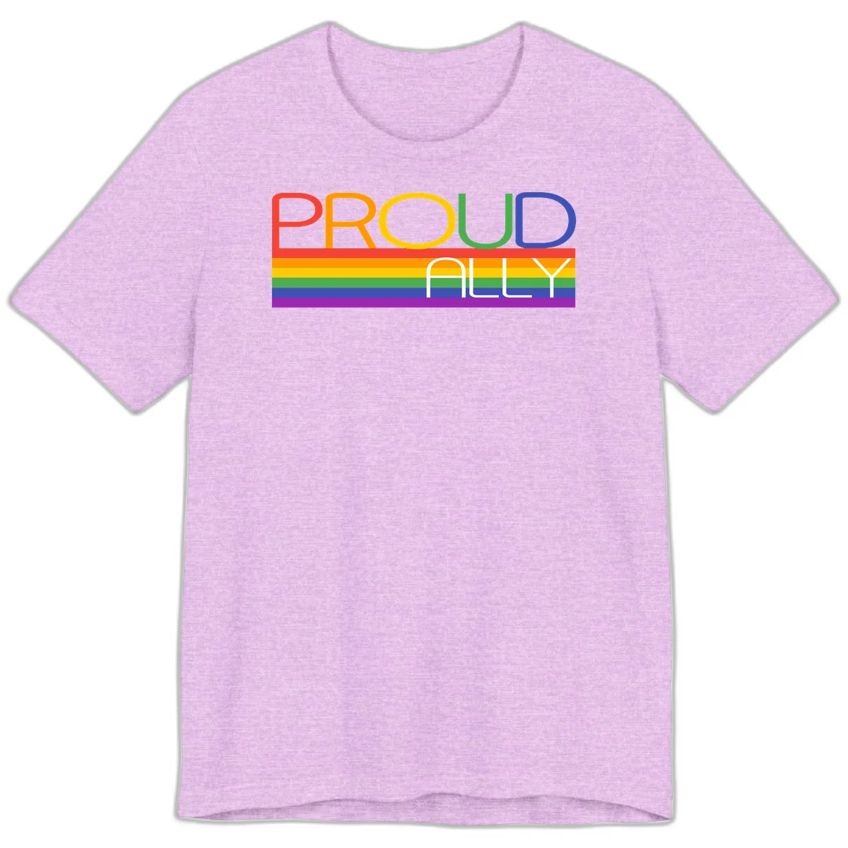 Proud Ally rainbow pride design with multicolored letters and horizontal pride flag stripes in red, orange, yellow, green, blue, and purple in Heather Prism Lilac
