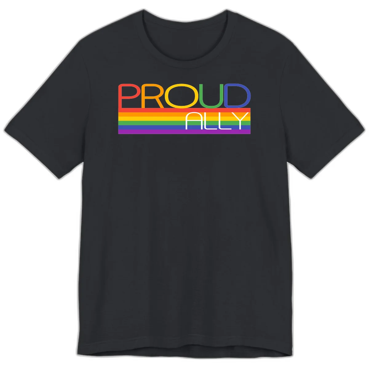 Proud Ally rainbow pride design with multicolored letters and horizontal pride flag stripes in red, orange, yellow, green, blue, and purple in Vintage Black