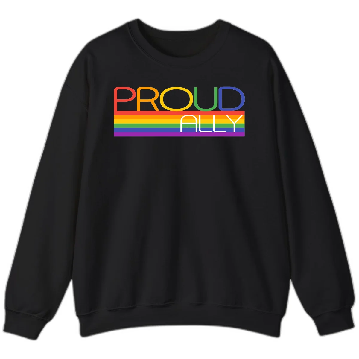 Proud Ally rainbow pride design with multicolored letters and horizontal pride flag stripes in red, orange, yellow, green, blue, and purple in Black