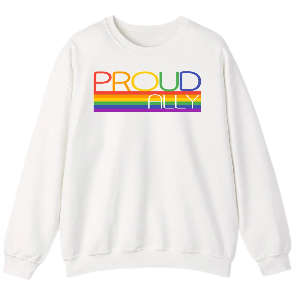 Proud Ally rainbow pride design with multicolored letters and horizontal pride flag stripes in red, orange, yellow, green, blue, and purple in White
