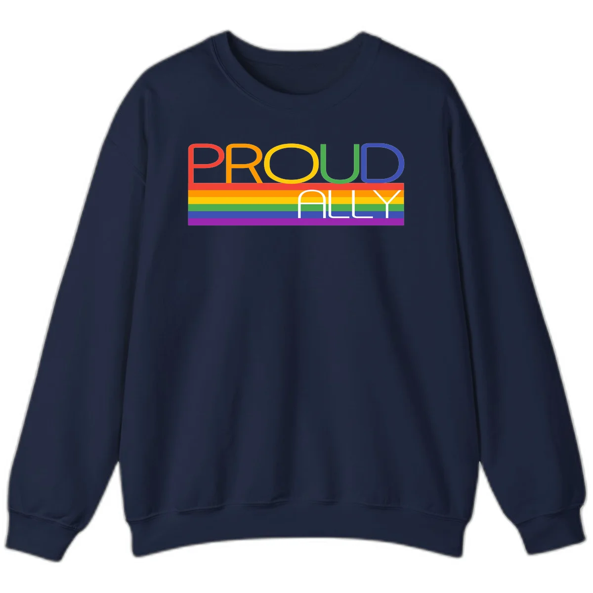 Proud Ally rainbow pride design with multicolored letters and horizontal pride flag stripes in red, orange, yellow, green, blue, and purple in Navy
