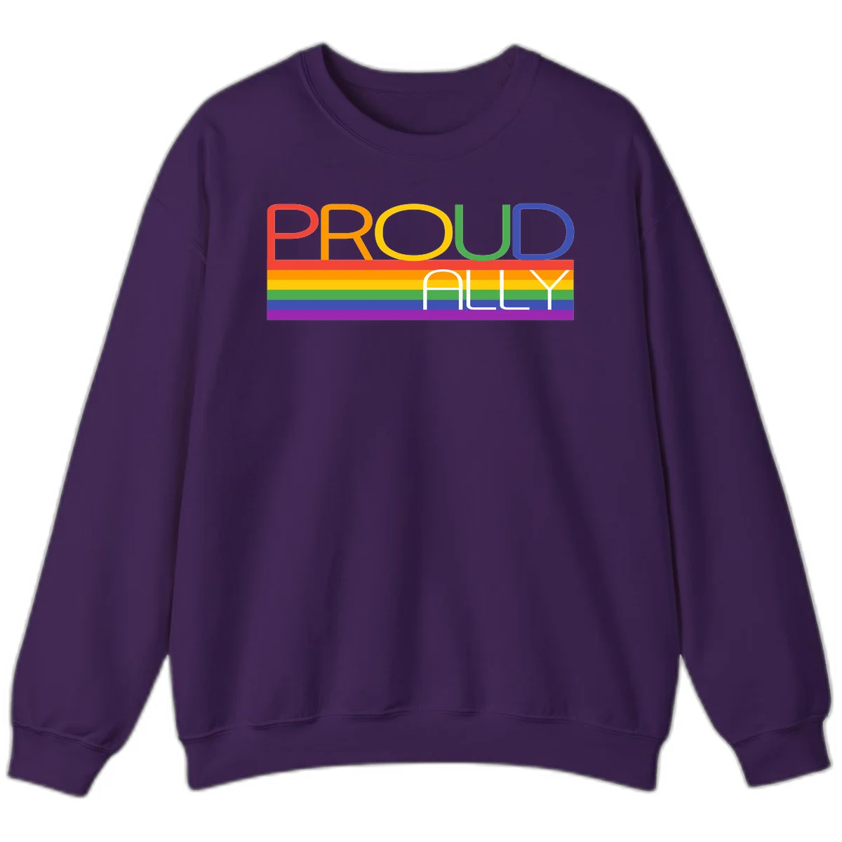Proud Ally rainbow pride design with multicolored letters and horizontal pride flag stripes in red, orange, yellow, green, blue, and purple in Purple