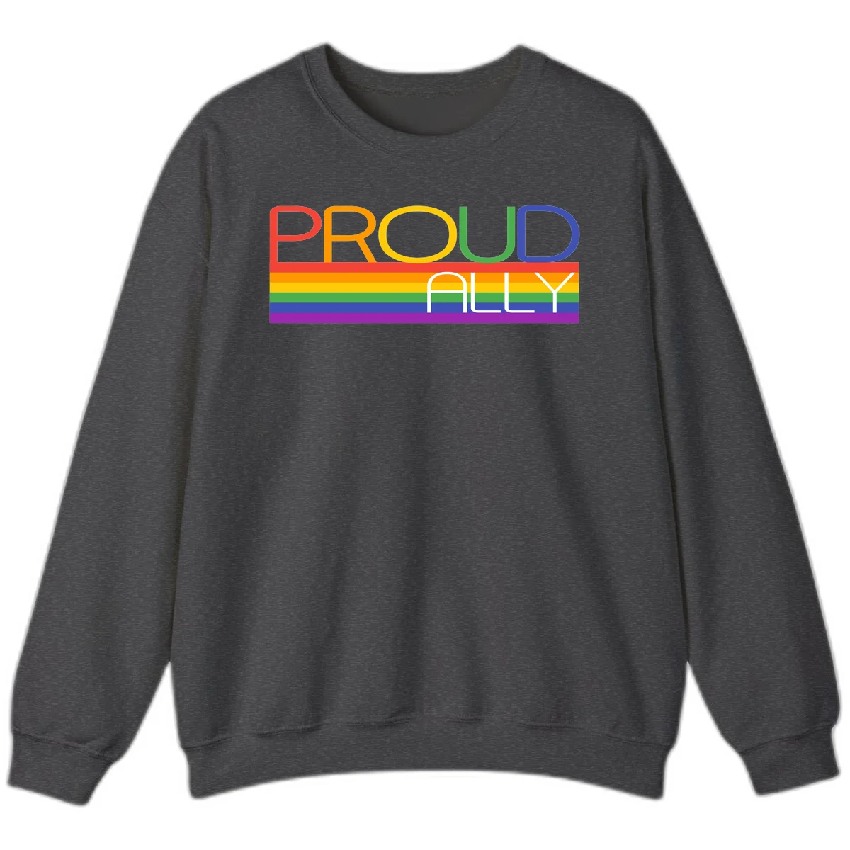 Proud Ally rainbow pride design with multicolored letters and horizontal pride flag stripes in red, orange, yellow, green, blue, and purple in Dark Heather
