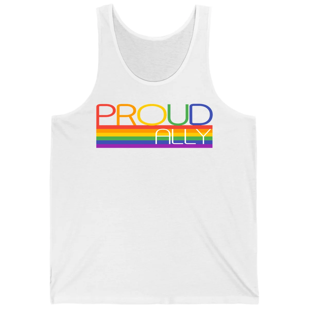 Proud Ally rainbow pride design with multicolored letters and horizontal pride flag stripes in red, orange, yellow, green, blue, and purple in White