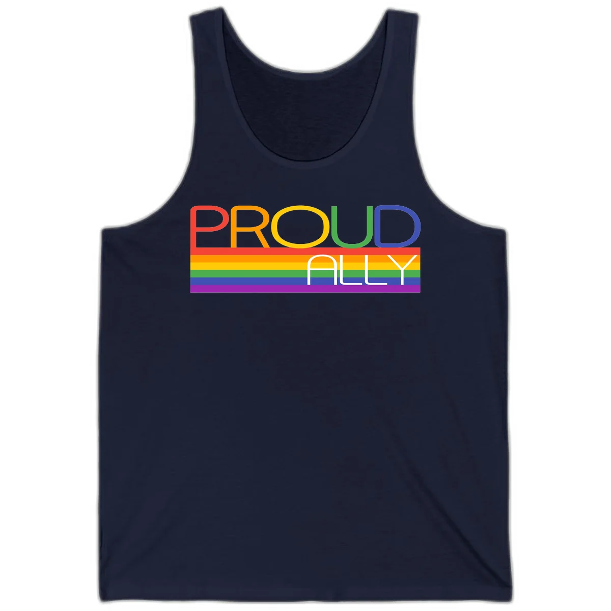 Proud Ally rainbow pride design with multicolored letters and horizontal pride flag stripes in red, orange, yellow, green, blue, and purple in Navy