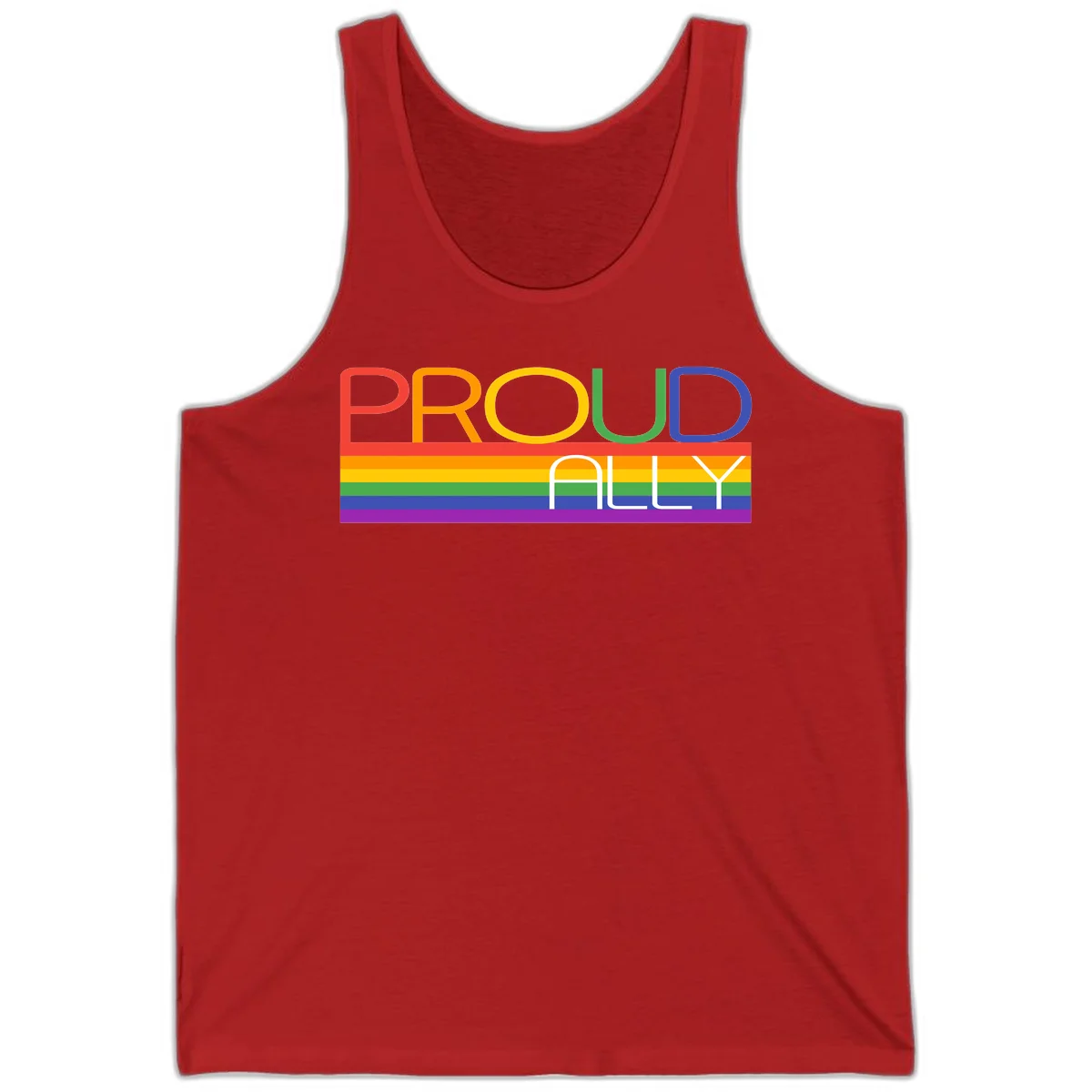 Proud Ally rainbow pride design with multicolored letters and horizontal pride flag stripes in red, orange, yellow, green, blue, and purple in Red