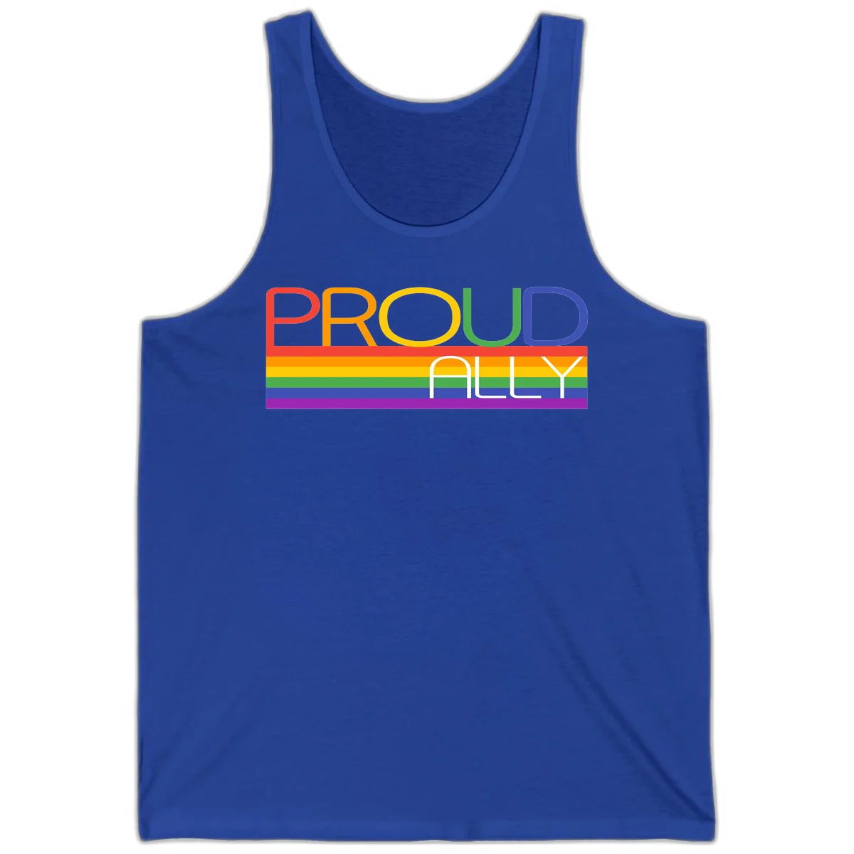 Proud Ally rainbow pride design with multicolored letters and horizontal pride flag stripes in red, orange, yellow, green, blue, and purple in True Royal