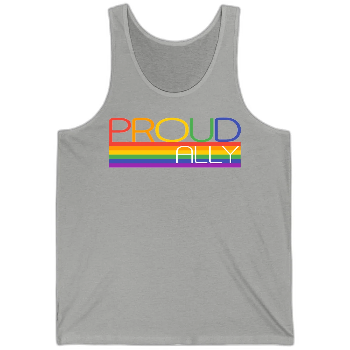 Proud Ally rainbow pride design with multicolored letters and horizontal pride flag stripes in red, orange, yellow, green, blue, and purple in Athletic Heather