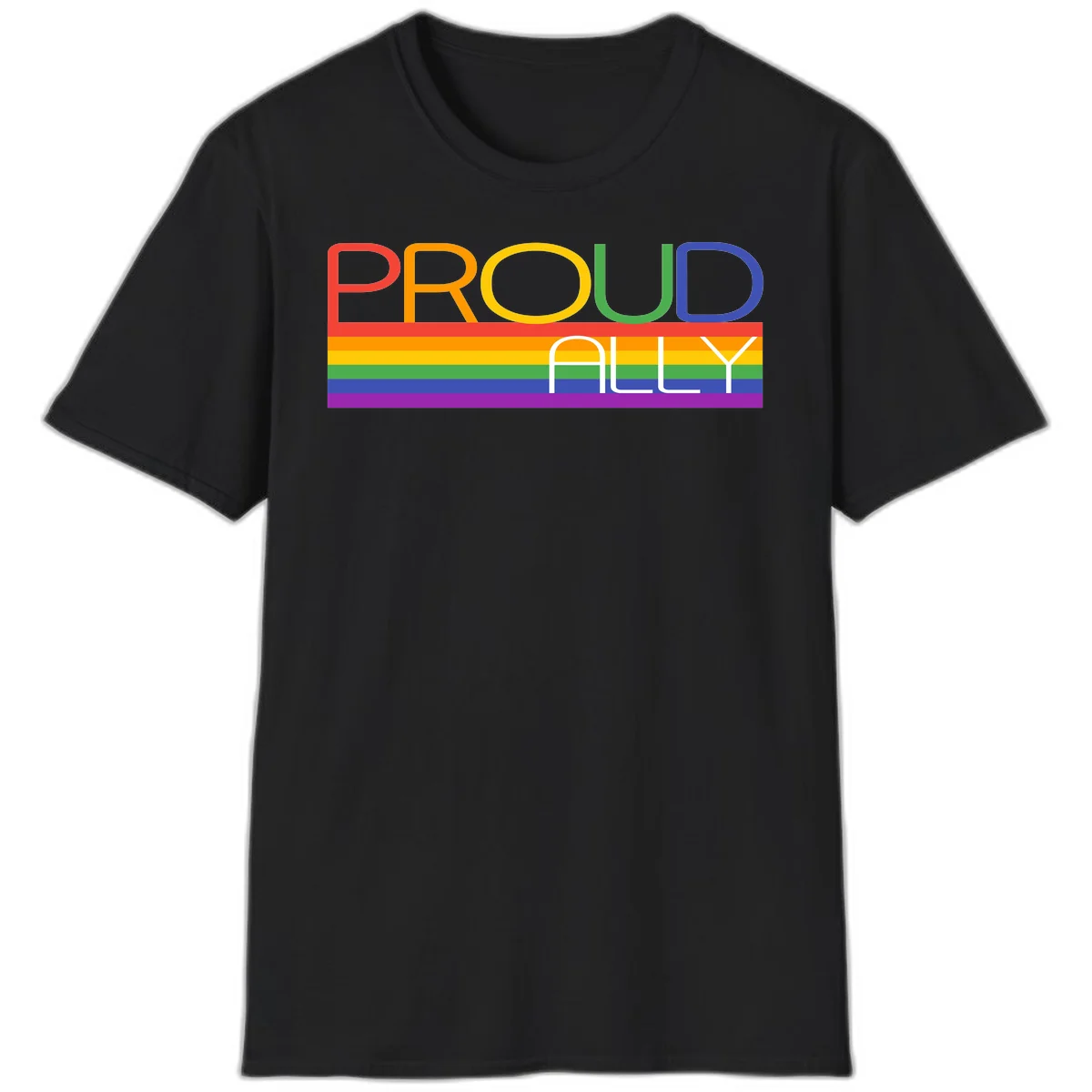 Proud Ally rainbow pride design with multicolored letters and horizontal pride flag stripes in red, orange, yellow, green, blue, and purple in Black