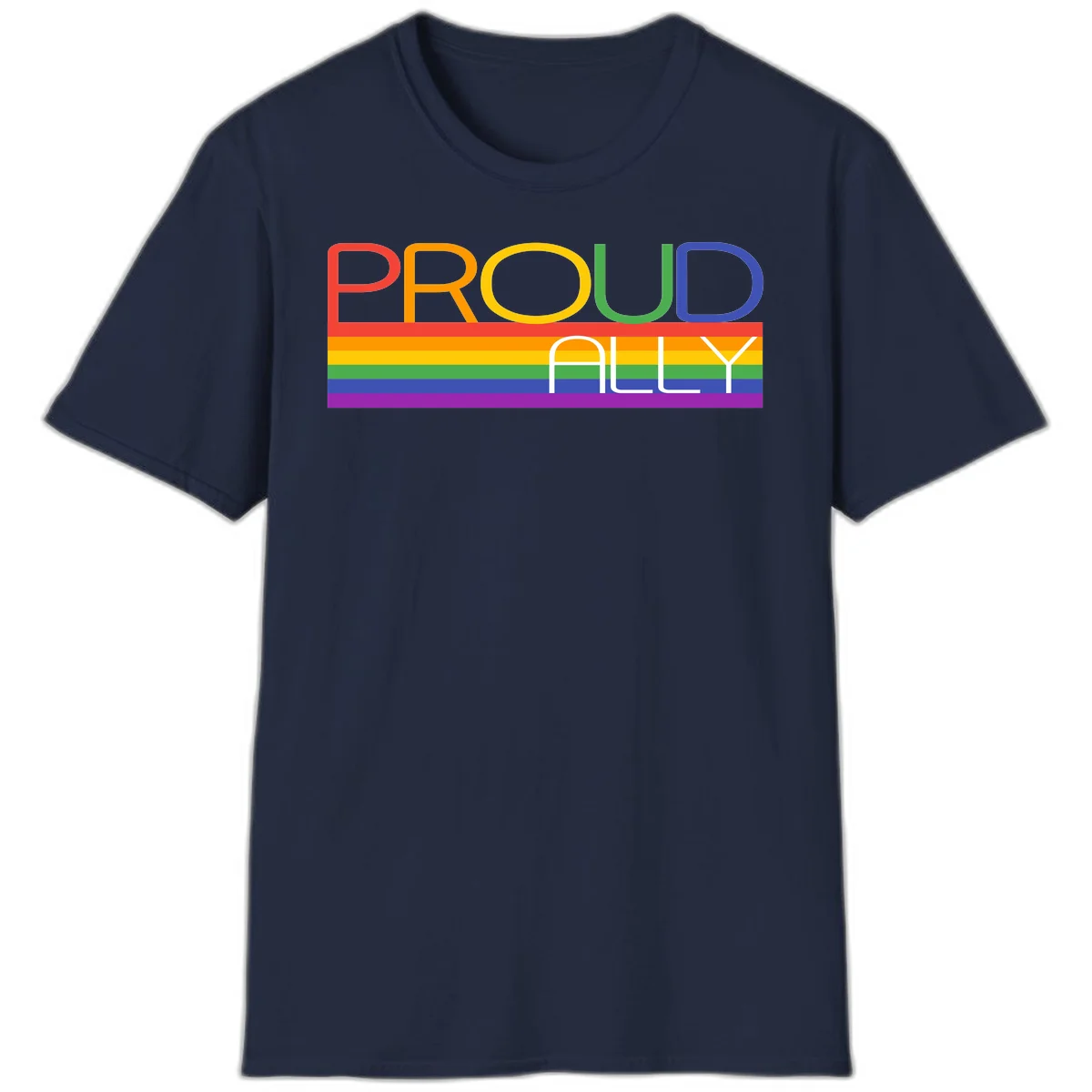 Proud Ally rainbow pride design with multicolored letters and horizontal pride flag stripes in red, orange, yellow, green, blue, and purple in Navy