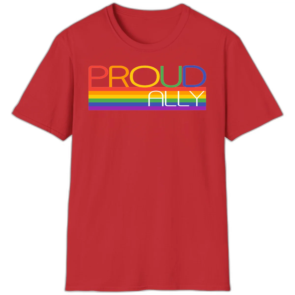 Proud Ally rainbow pride design with multicolored letters and horizontal pride flag stripes in red, orange, yellow, green, blue, and purple in Red