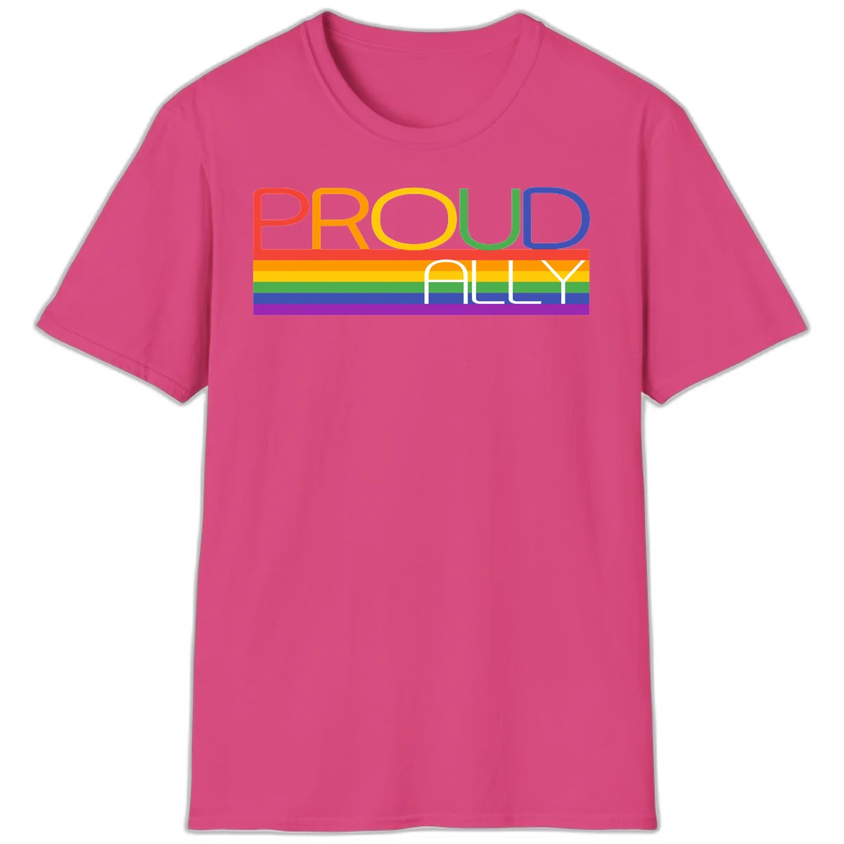 Proud Ally rainbow pride design with multicolored letters and horizontal pride flag stripes in red, orange, yellow, green, blue, and purple in Heliconia