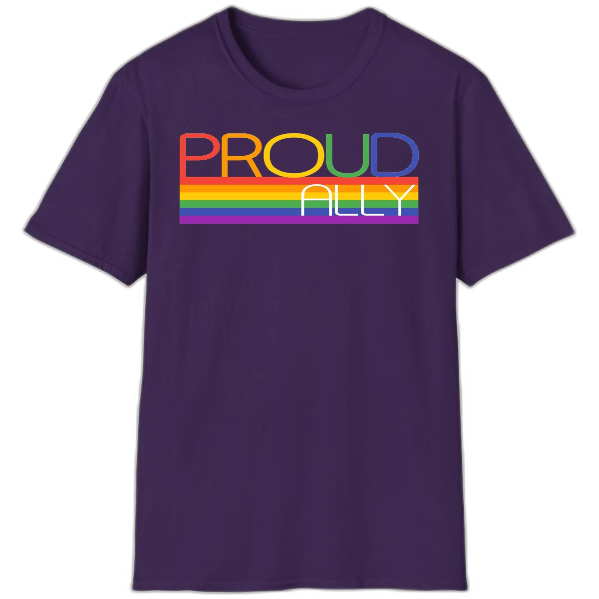 Proud Ally rainbow pride design with multicolored letters and horizontal pride flag stripes in red, orange, yellow, green, blue, and purple in Purple
