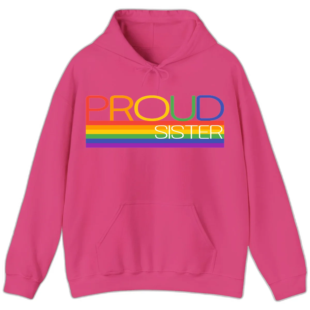 Proud Sister design with rainbow-colored letters and horizontal pride stripes on gray background in Heliconia