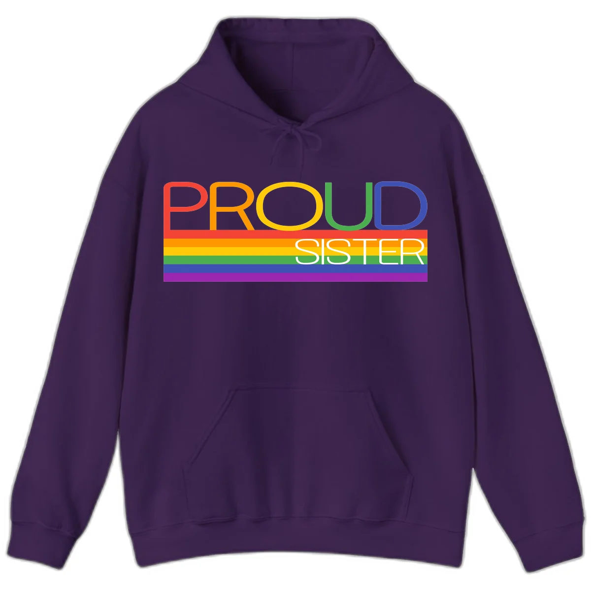 Proud Sister design with rainbow-colored letters and horizontal pride stripes on gray background in Purple