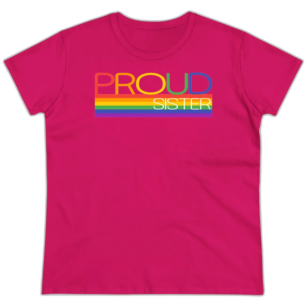 Proud Sister design with rainbow-colored letters and horizontal pride stripes on gray background in Heliconia