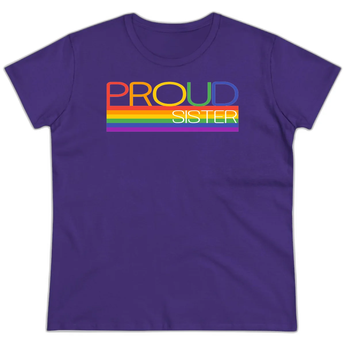 Proud Sister design with rainbow-colored letters and horizontal pride stripes on gray background in Purple