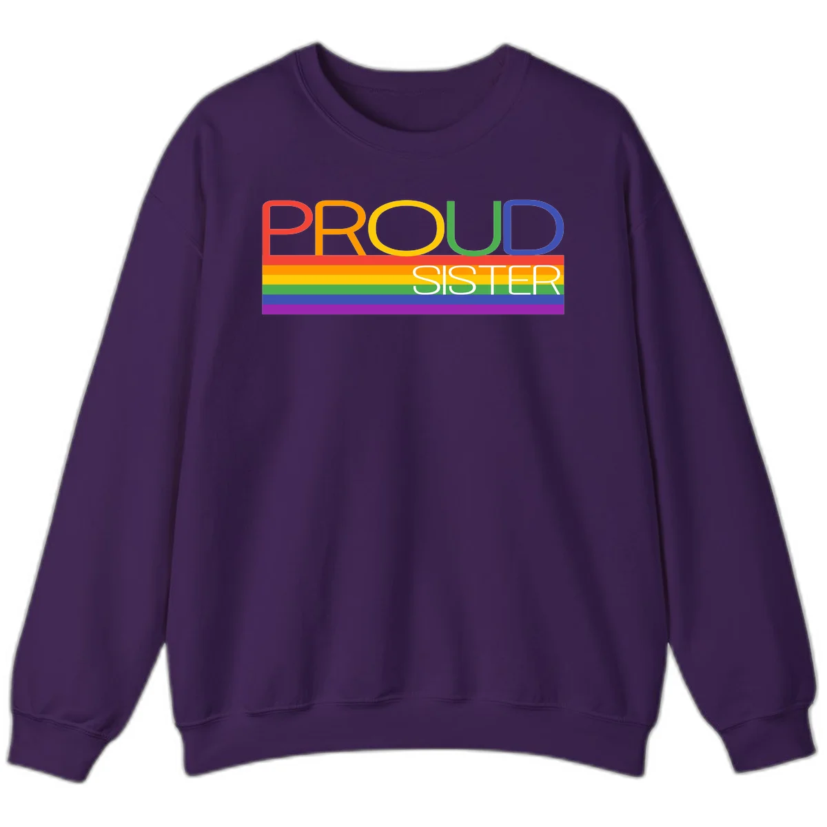 Proud Sister design with rainbow-colored letters and horizontal pride stripes on gray background in Purple