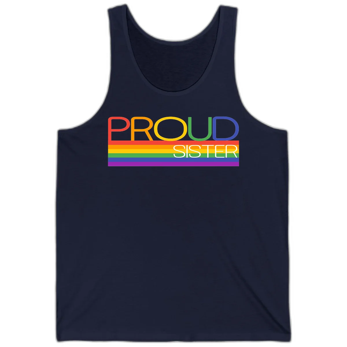 Proud Sister design with rainbow-colored letters and horizontal pride stripes on gray background in Navy