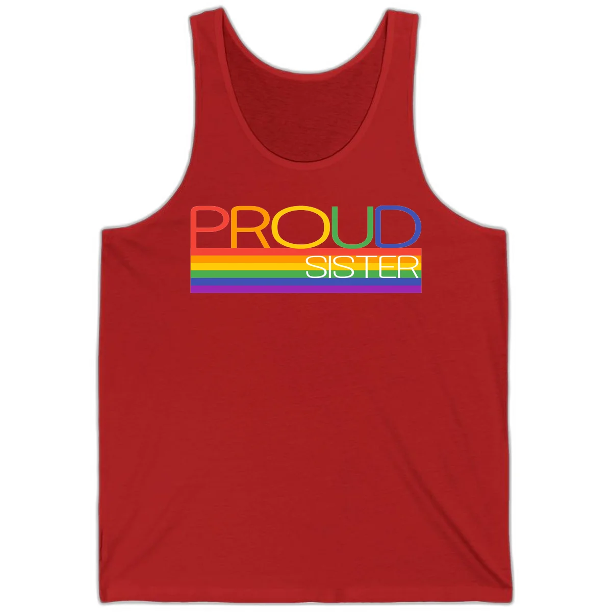 Proud Sister design with rainbow-colored letters and horizontal pride stripes on gray background in Red