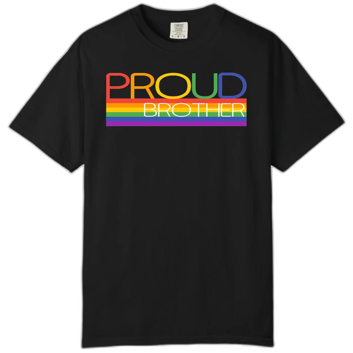 Proud Brother Pride design with colorful rainbow flag stripes and multicolored text celebrating LGBTQ+ pride and family support in Black