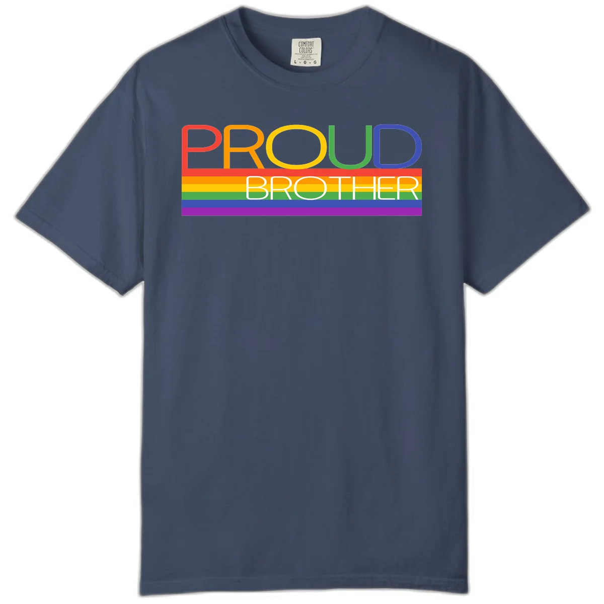Proud Brother Pride design with colorful rainbow flag stripes and multicolored text celebrating LGBTQ+ pride and family support in Midnight