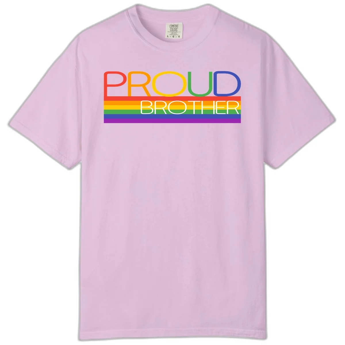 Proud Brother Pride design with colorful rainbow flag stripes and multicolored text celebrating LGBTQ+ pride and family support in Orchid