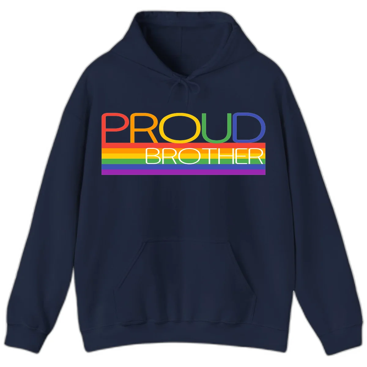 Proud Brother Pride design with colorful rainbow flag stripes and multicolored text celebrating LGBTQ+ pride and family support in Navy