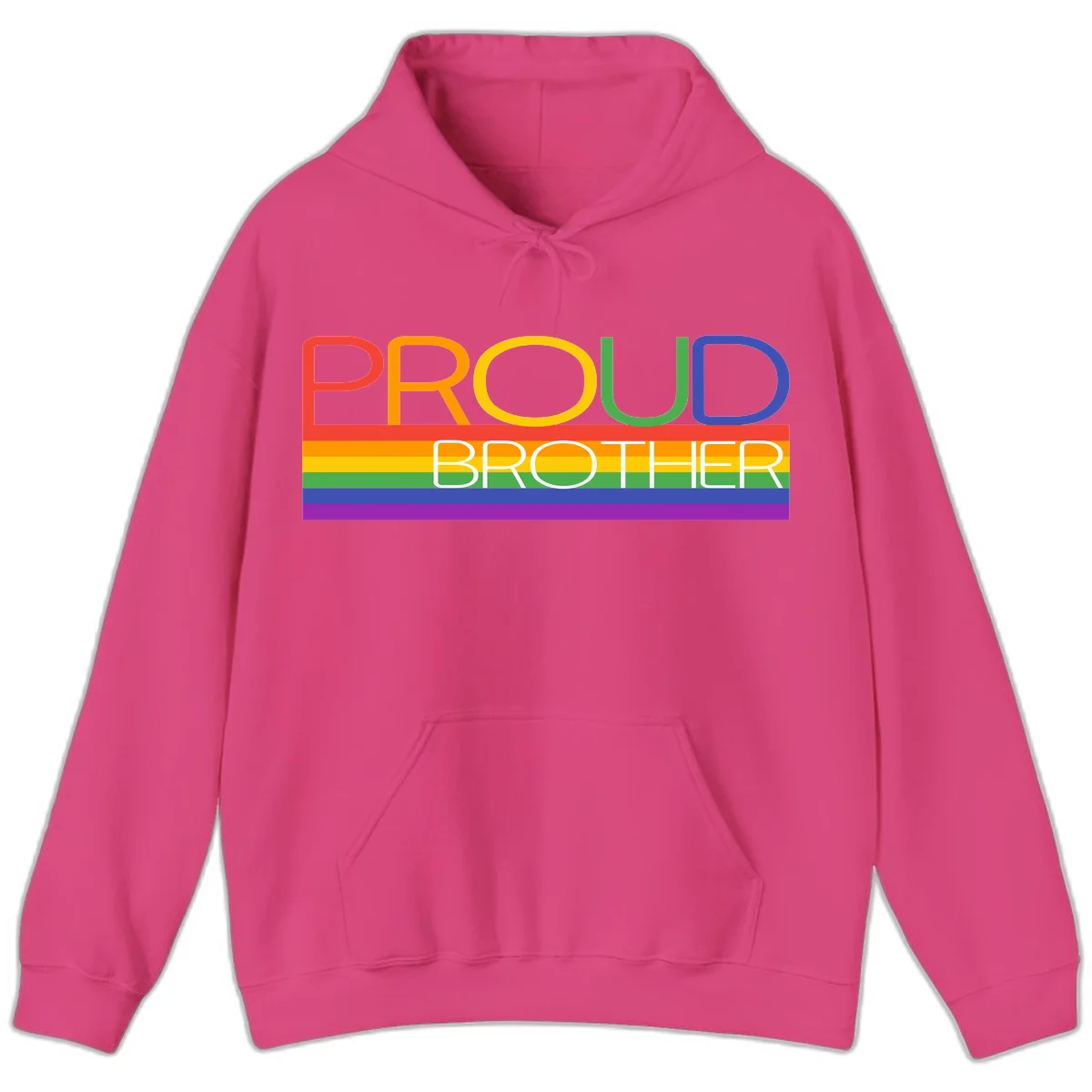 Proud Brother Pride design with colorful rainbow flag stripes and multicolored text celebrating LGBTQ+ pride and family support in Heliconia
