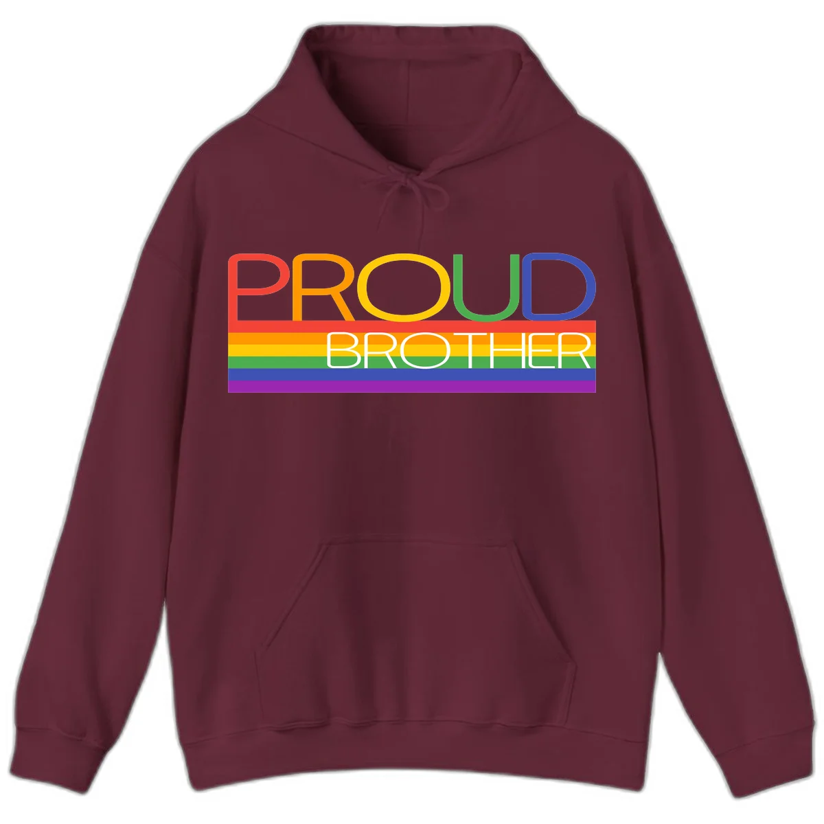 Proud Brother Pride design with colorful rainbow flag stripes and multicolored text celebrating LGBTQ+ pride and family support in Maroon