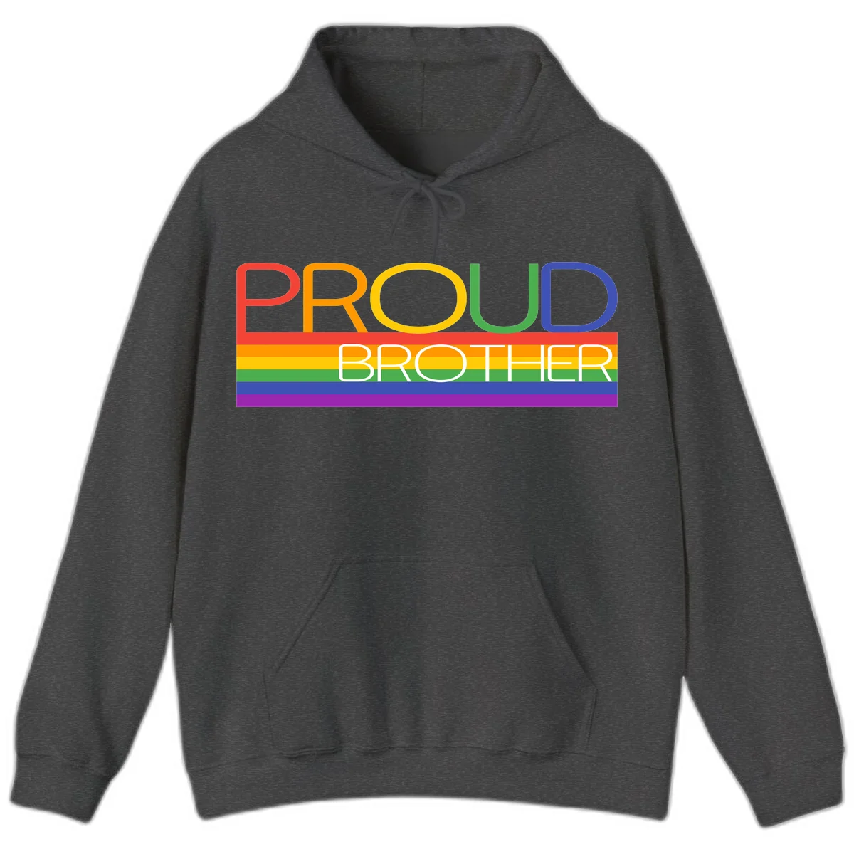 Proud Brother Pride design with colorful rainbow flag stripes and multicolored text celebrating LGBTQ+ pride and family support in Dark Heather